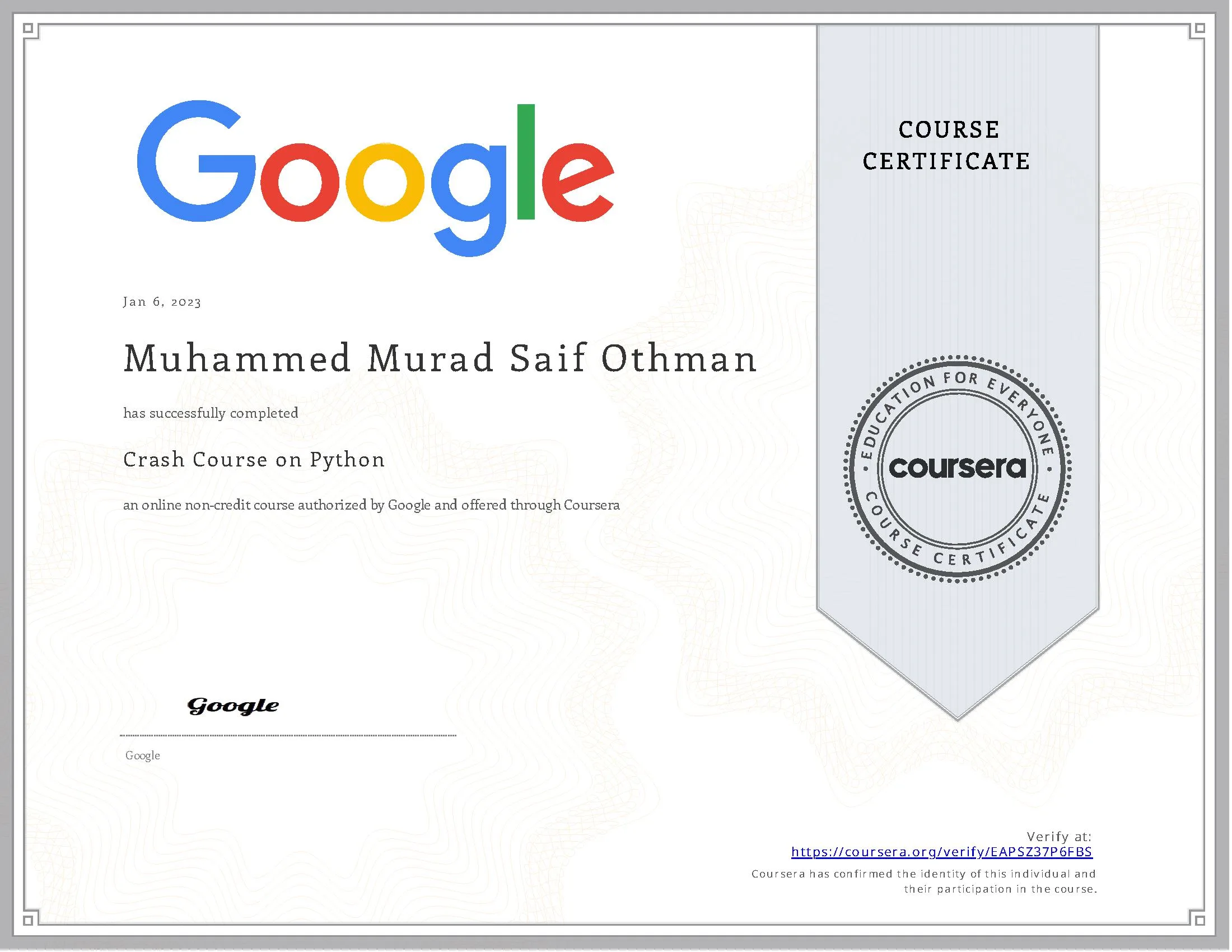 صورة شهادة Crash Course on Python