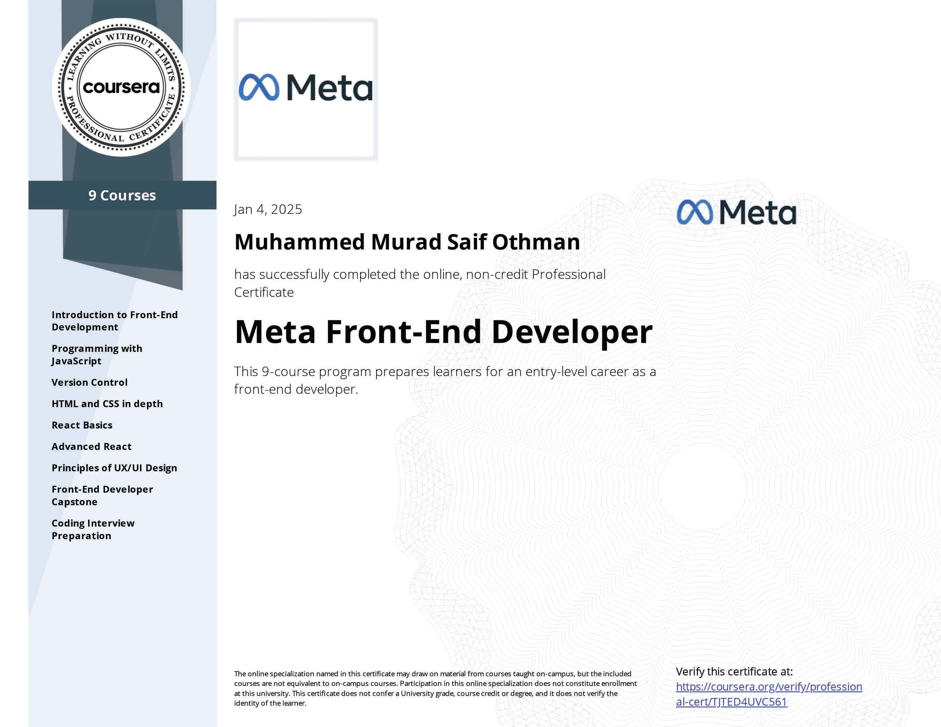 صورة شهادة Meta Front-End Developer Professional Certificate