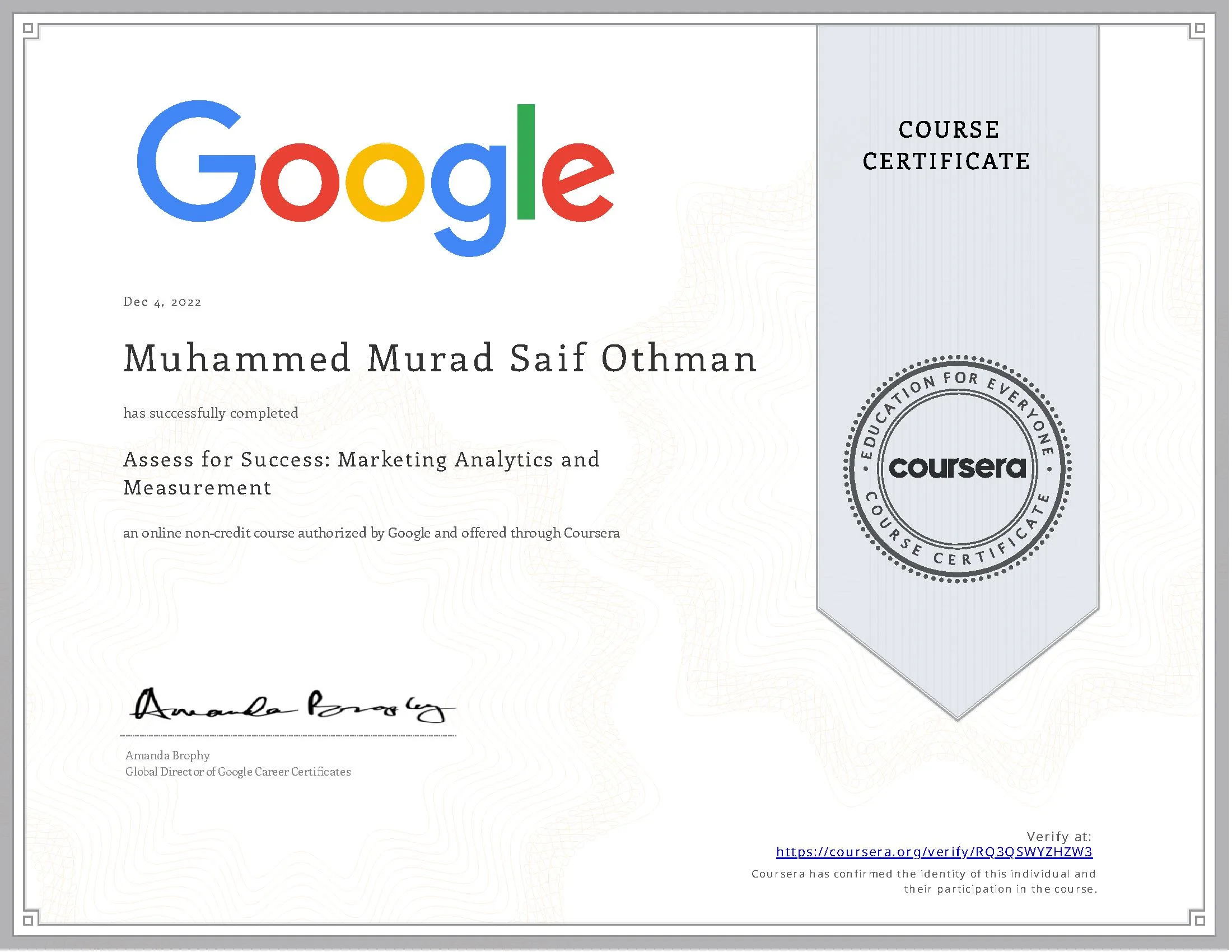 صورة شهادة Assess for Success: Marketing Analytics and Measurement