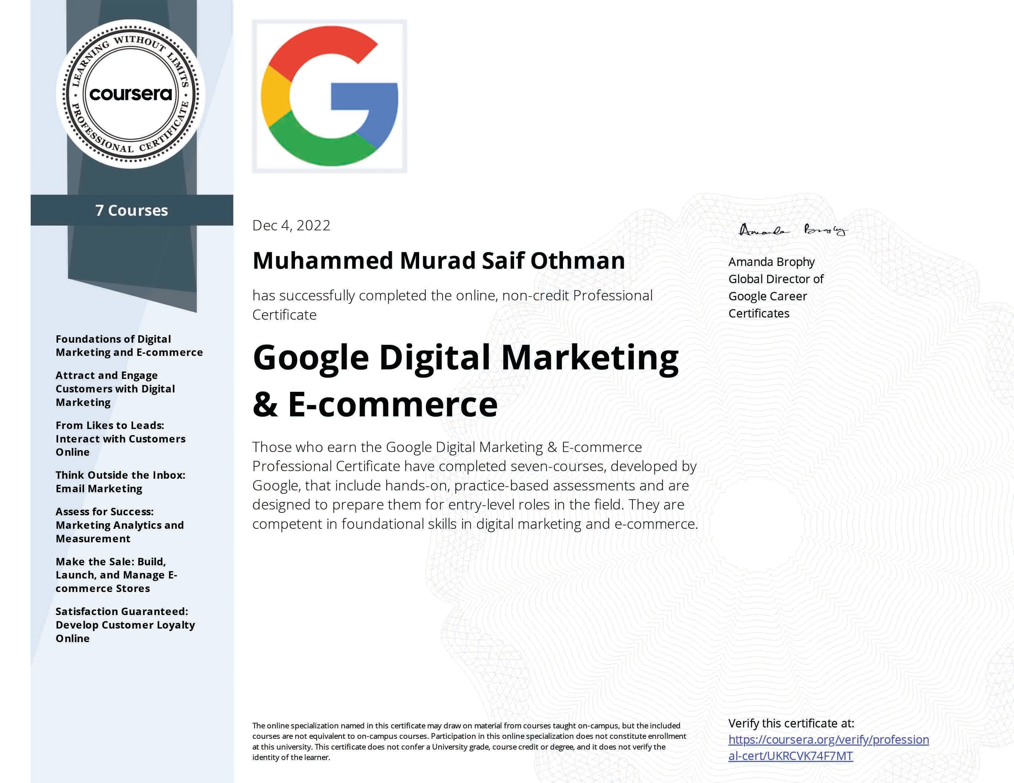 صورة شهادة Google Digital Marketing & E-commerce Professional Certificate