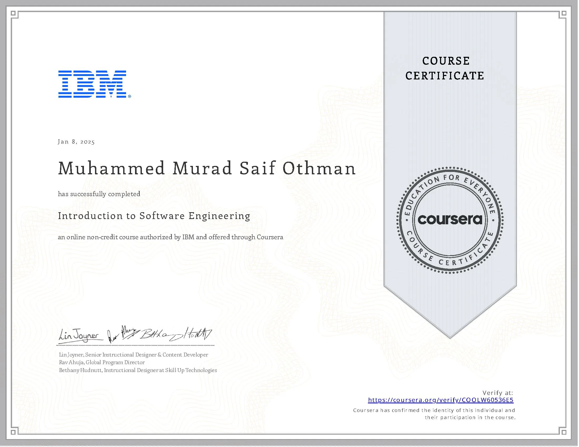 صورة شهادة Introduction to Software Engineering