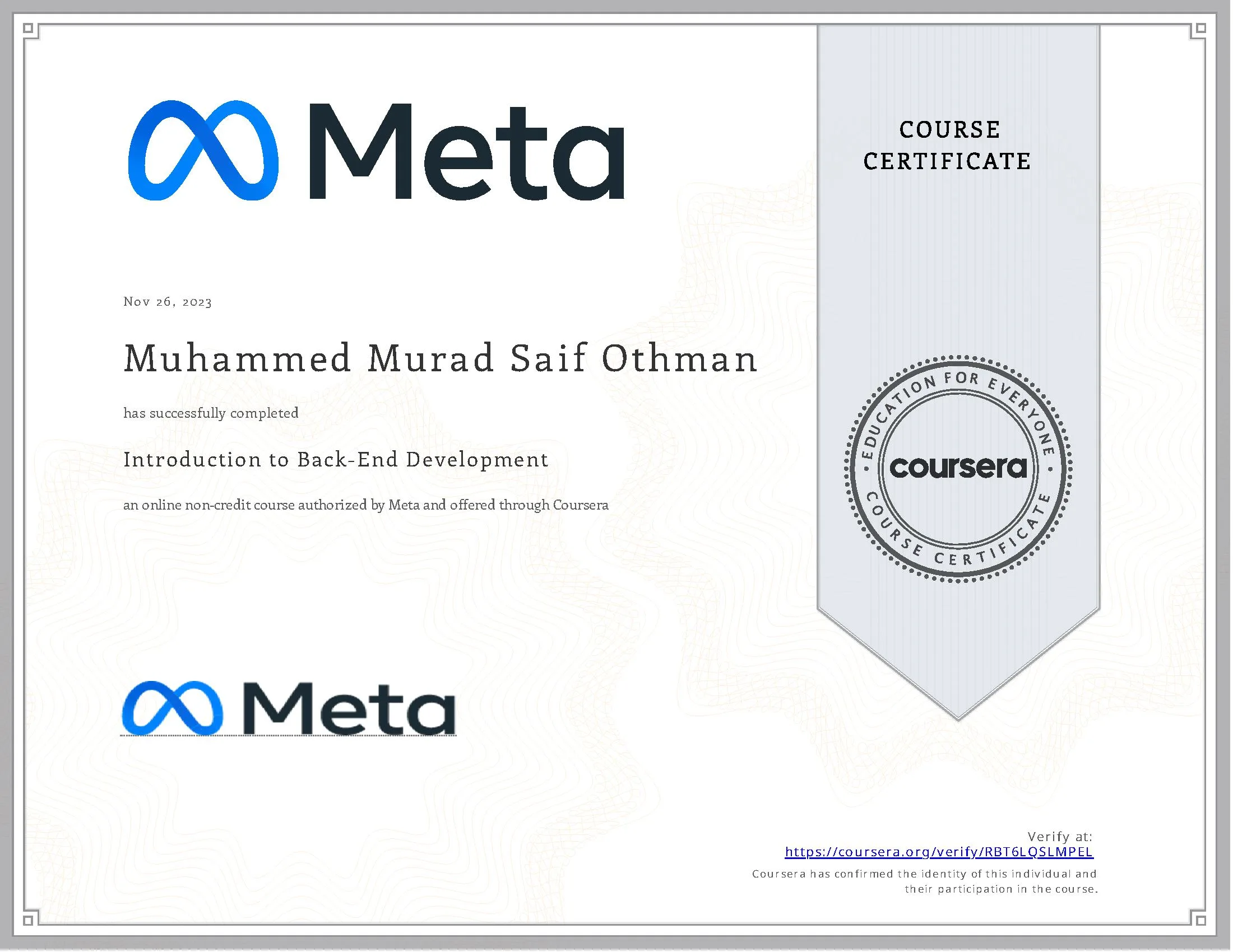 صورة شهادة Introduction to Back-End Development
