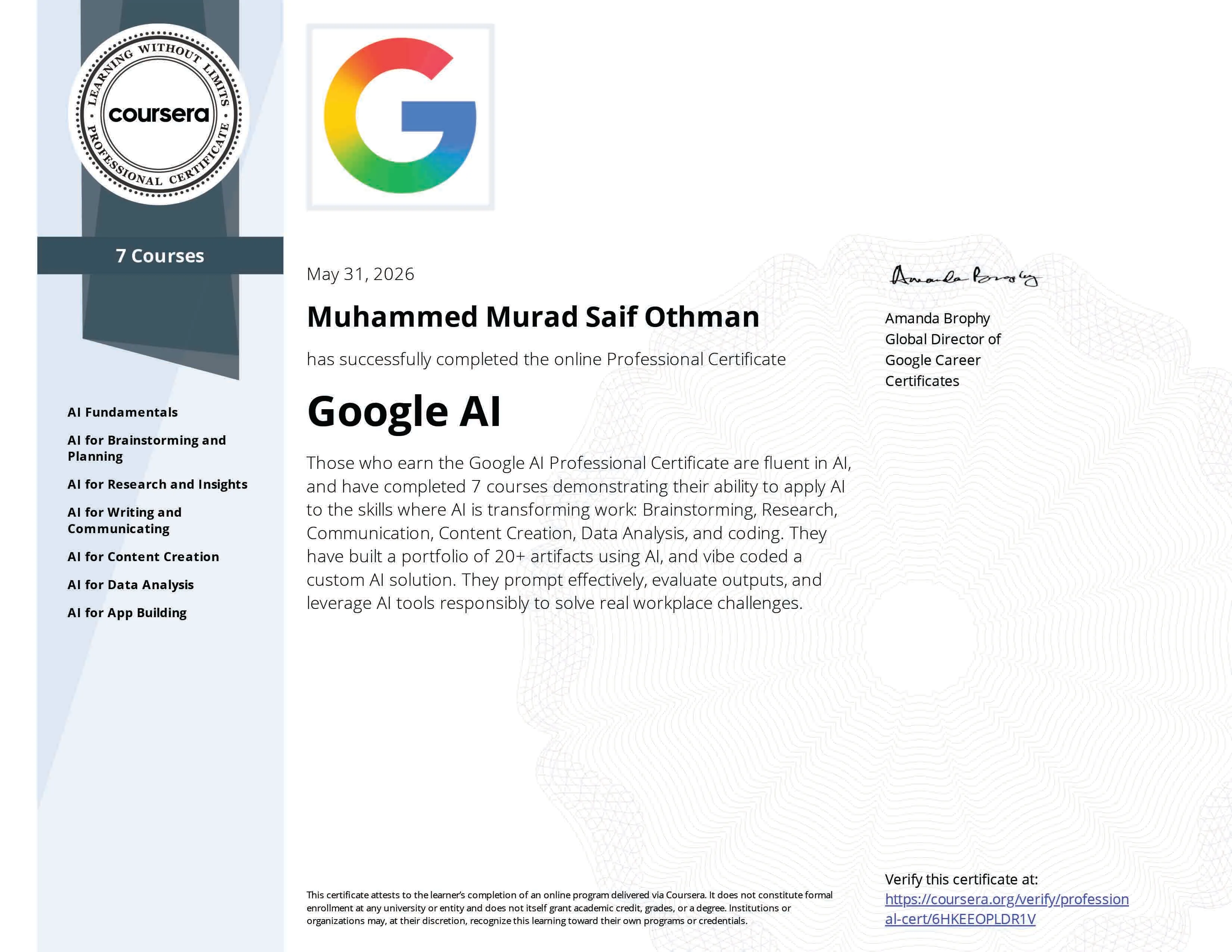 صورة شهادة Google AI Professional Certificate