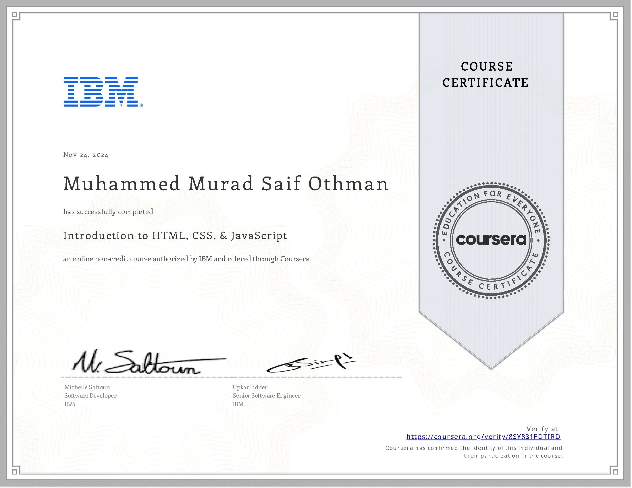 صورة شهادة Introduction to HTML, CSS, & JavaScript