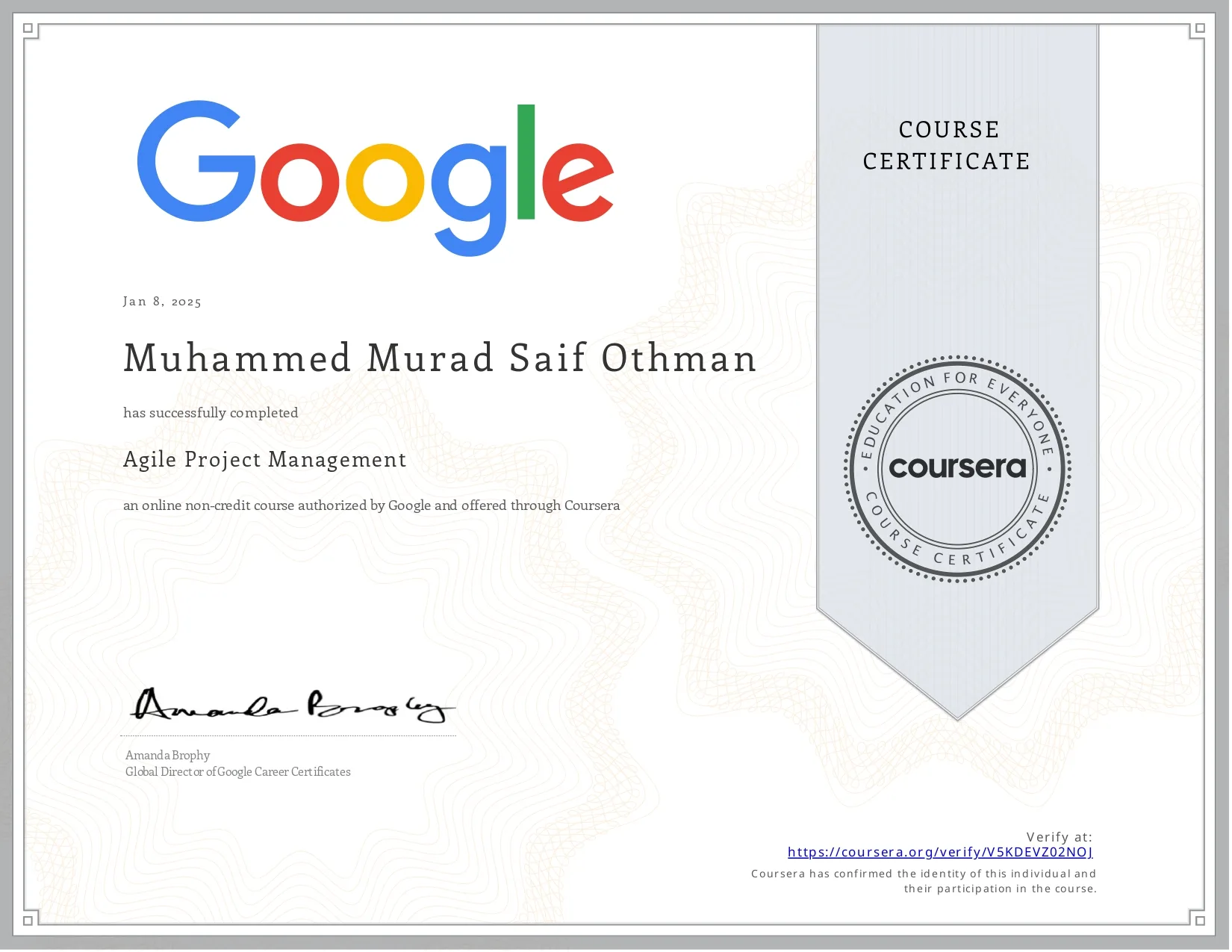 صورة شهادة Agile Project Management